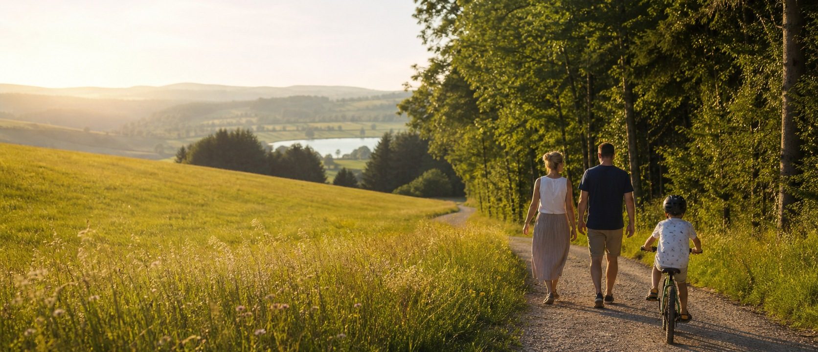 Familie zu Fuß und mit dem Rad auf einem Feldweg am Waldrand, im Hintergrund ein Badesee